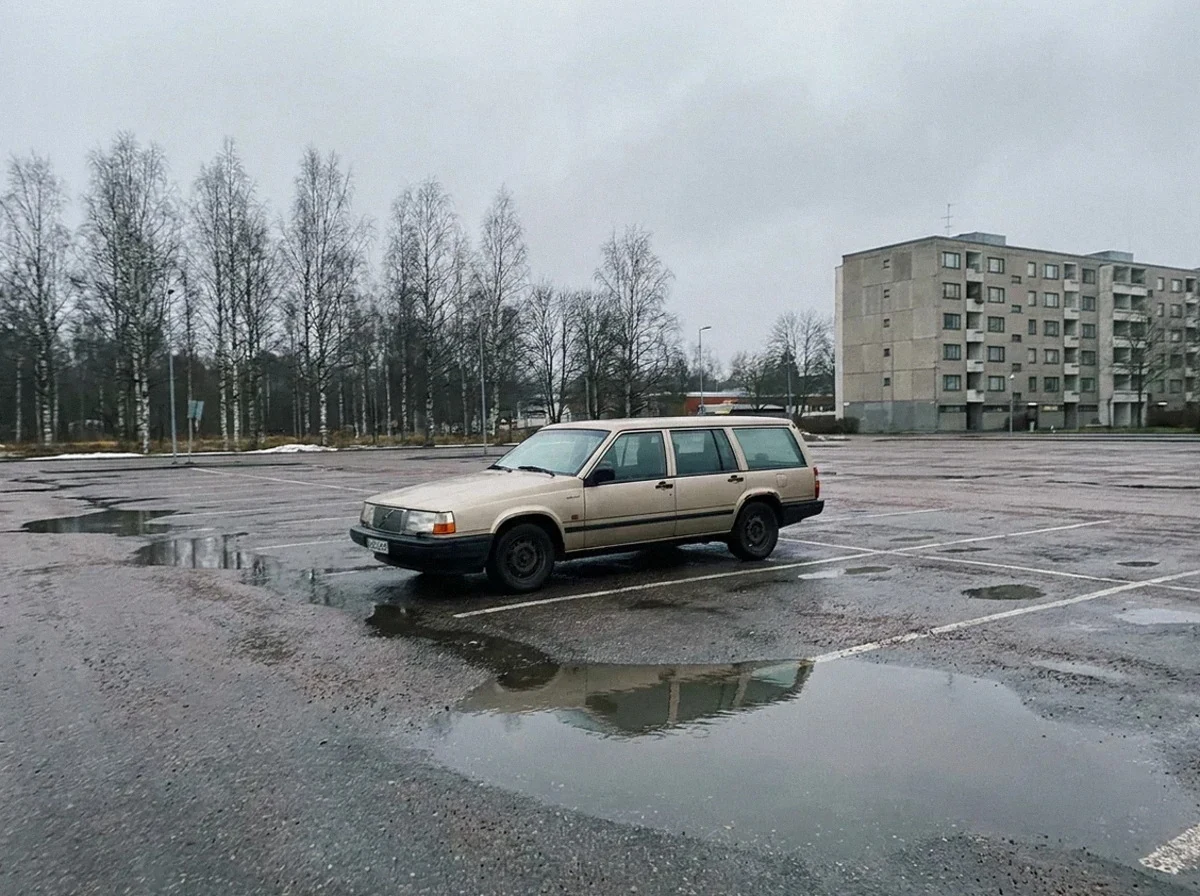 Vanha auto yksin tyhjällä märällä parkkipaikalla harmaan kerrostalon edessä